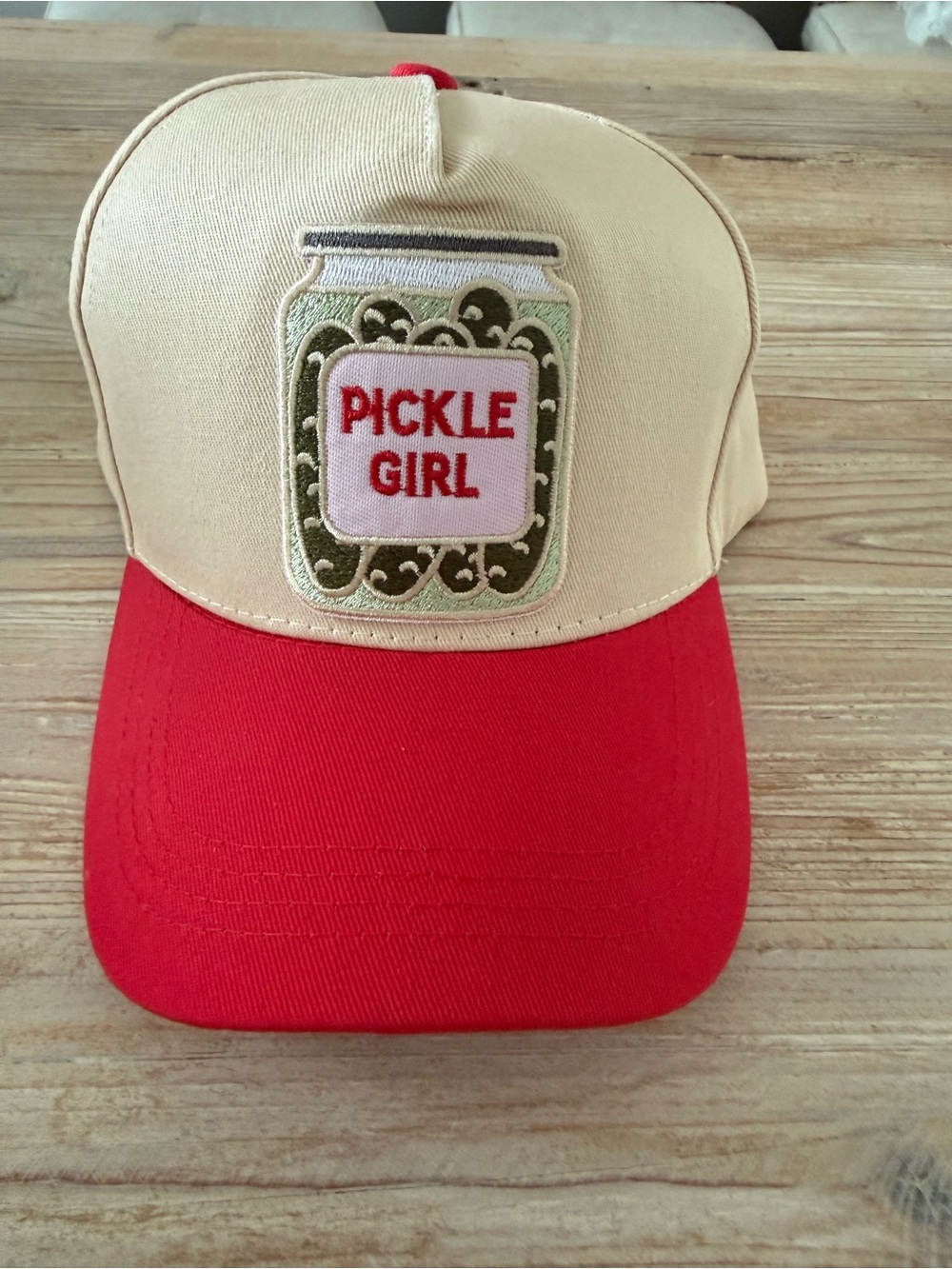 Cream and Red 'Pickle Girl' Embroidered Trucker Hat